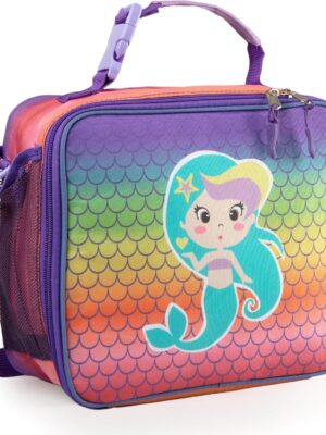 Kazulo Rainbow Mermaid Lunch Bag - Insulated Lunch Box for Kids, With Water Bottle Holder & Shoulder Strap